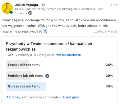 Wyniki ankiety z pytaniem: Przychody w Twoim e-commerce są: lepsze niż rok temu, podobne jak rok temu czy gorsze niż rok temu?