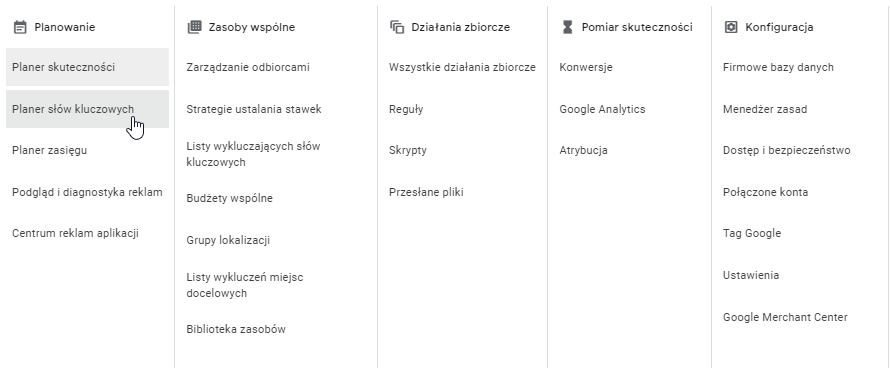 Narzędzia Google Ads - Planer słów kluczowych