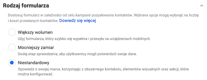 Jak stworzyć kampanię Lead Ads na Facebooku? Wybór rodzaju formularza