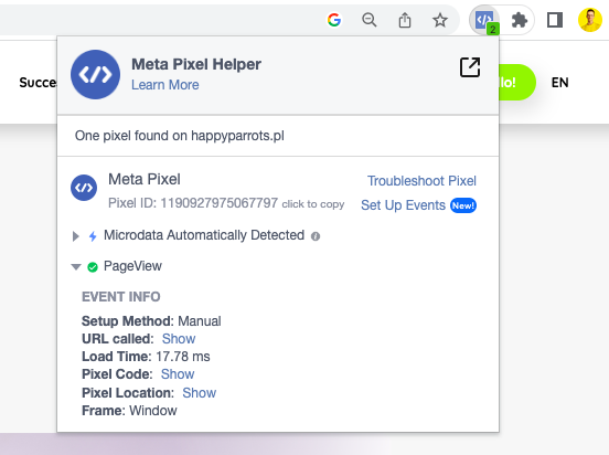 Pixel Helper - wtyczka pomagająca sprawdzić czy piksel facebooka działa poprawnie
