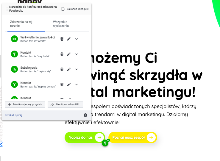 Strona Happy Parrots z wyświetlonym narzędziem do konfiguracji zdarzeń na Facebooku