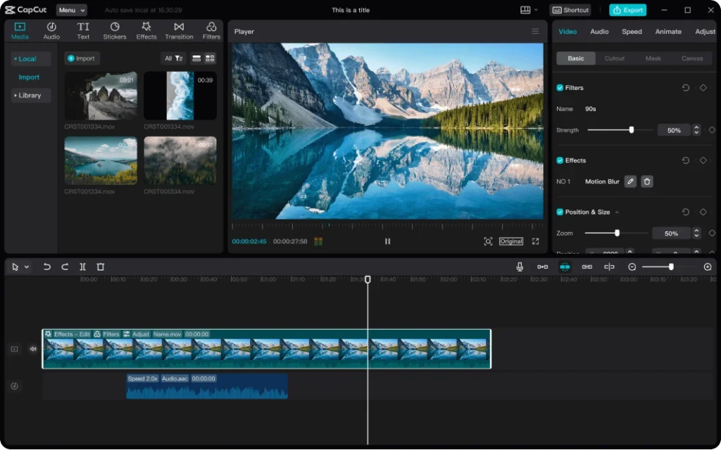 Screen z aplikacji CapCut, na którym montowany jest film przedstawiający jezioro w górach. 