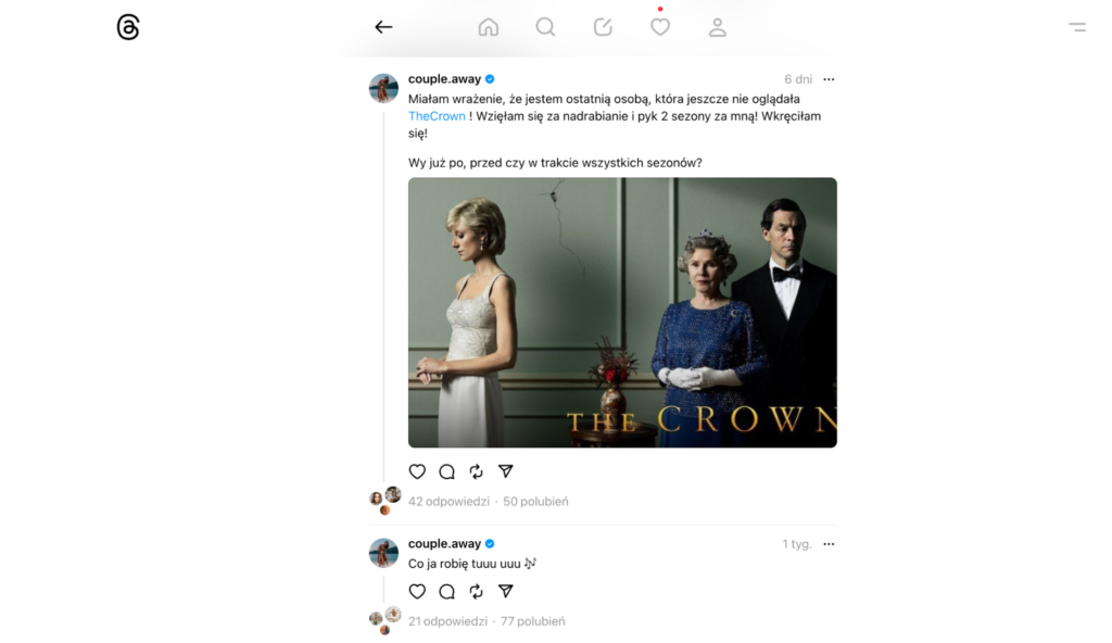 Screen z aplikacji Threads profilu Couple Away,  na którym widać dwa wpisy. Jeden z nich obrazuje scenę z serialu The Crown