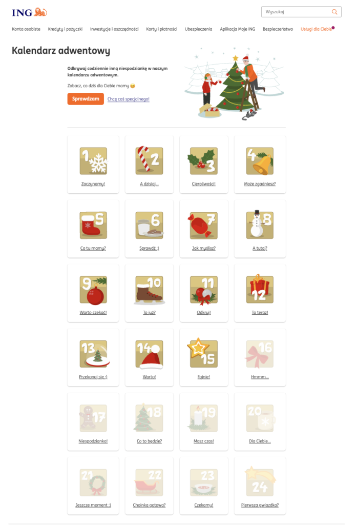 Screen ze strony banku ING przedstawiający kalendarz adwentowy, a w nim rożne rabaty, do różnych sklepów na każdy dzień