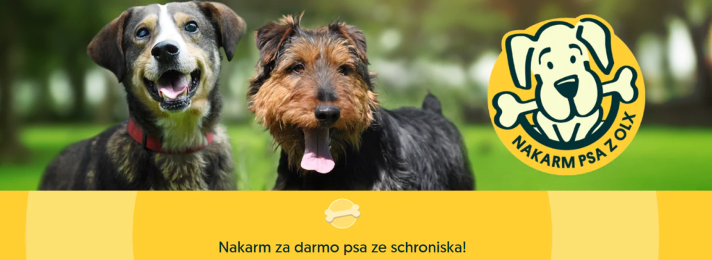 Bilboard na stronę OLX nakarm psa przedstawiający dwa pieski i znaczek OLX z pieskiem trzymającym w pysku kość