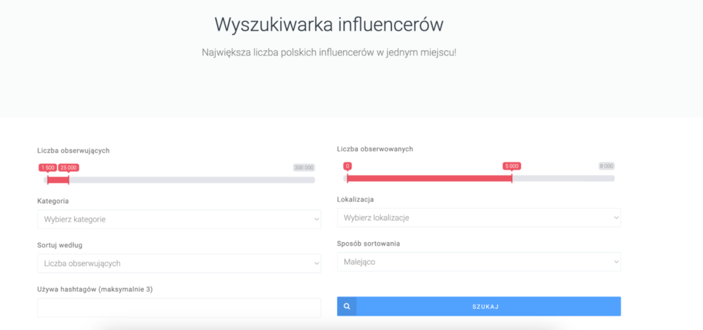 Screen z wyszukiwarki influencerów Kokash