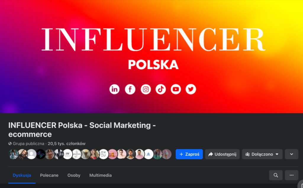 Screeen zdjęcia w tle na Faceooku grupy Influencer Polska - social media ecommerce