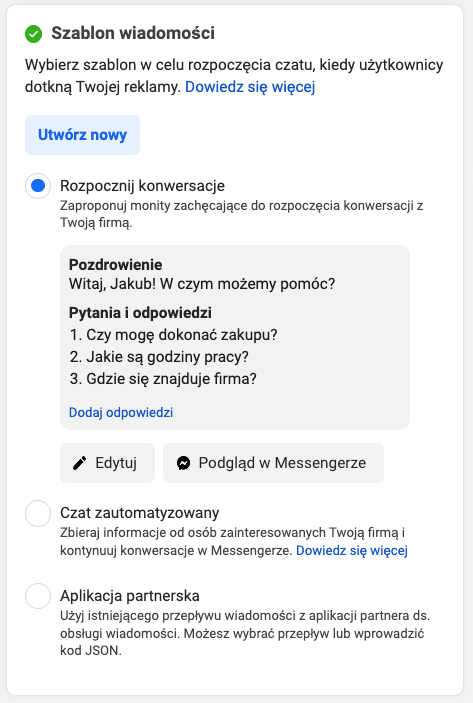 Szablon wiadomości w reklamie Meta Ads