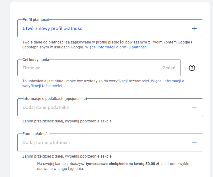 Profil płatności Google Ads