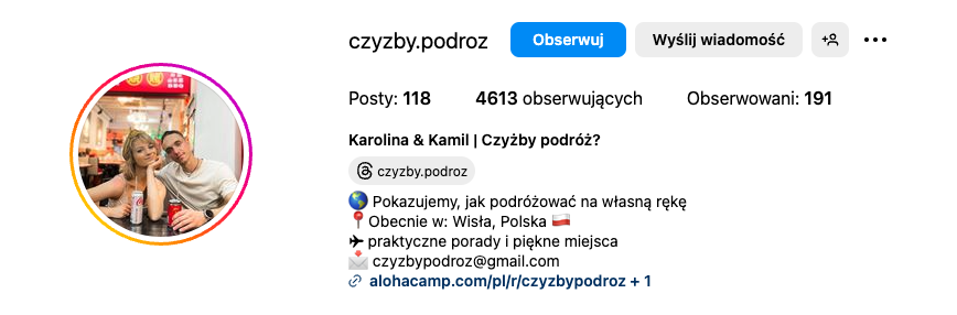 Screen bio profilu na Instagramie, który ma zapisany link afiliacyjny