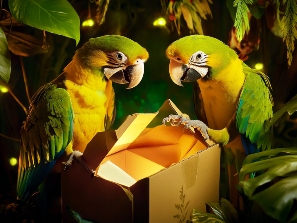 Papugi Happy Parrots jako UGC creatorzy otwierają paczki od firm