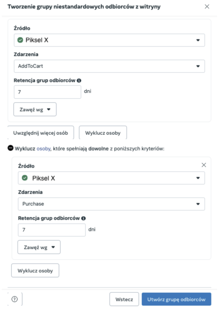 tworzenie grupy niestandarowych odbiorców w Managerze Reklam