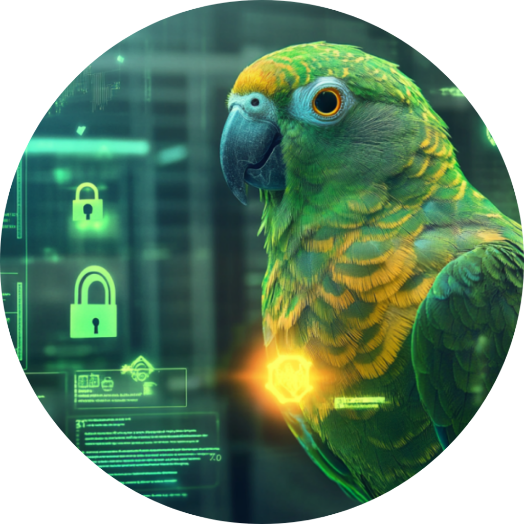Zielono-żółta papuga na tle wirtualnego zielonego tła z małymi napisami i ikonami kłódek