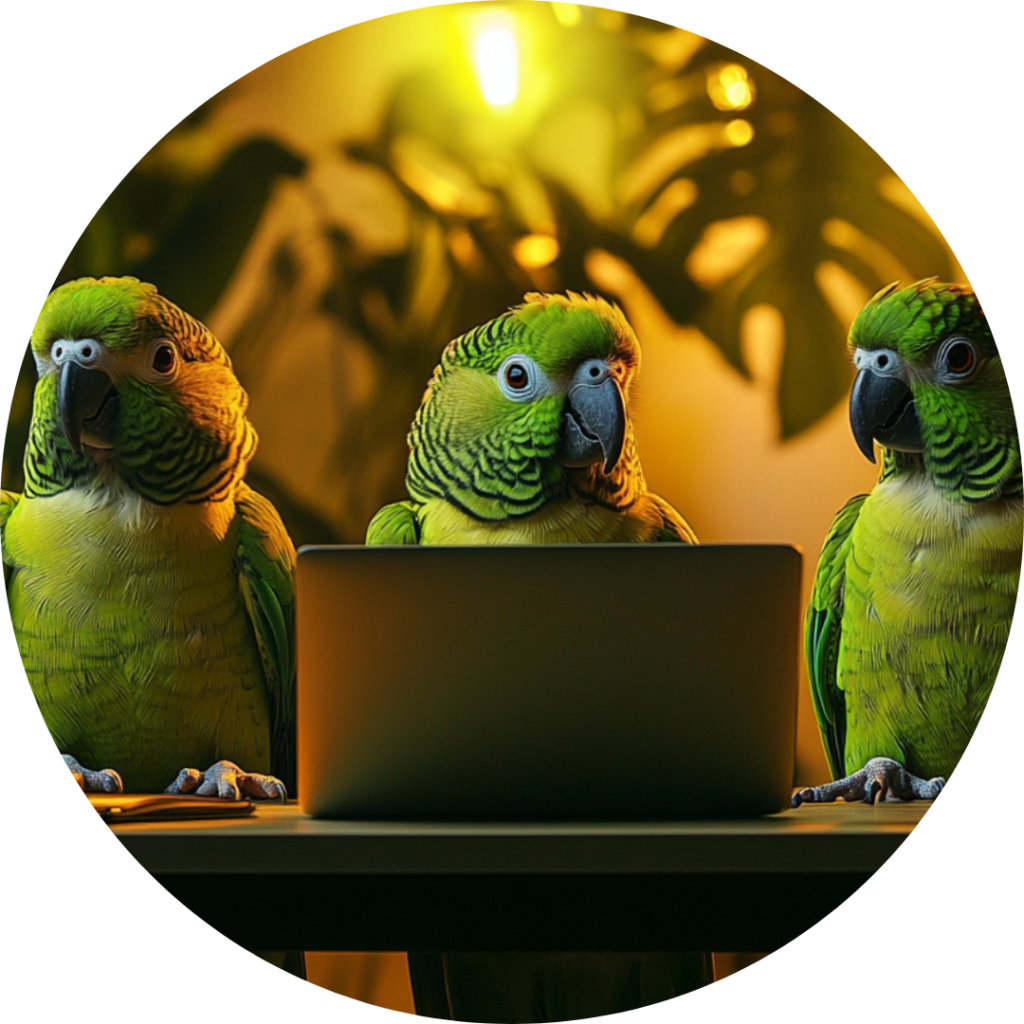 Trzy zielone papugi siedzą przed otwartym laptopem