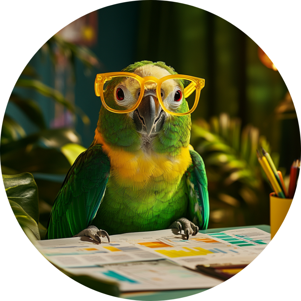 Zielono-żółta papuga w żółtych okularach siedząca na kartkach z wykresami