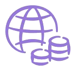 Fioletowa ikona przedstawiająca globus i pieniądze