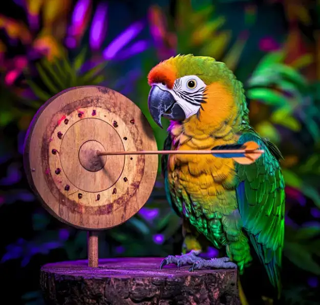 Papuga obok tarczy z wbitą strzałą w środek