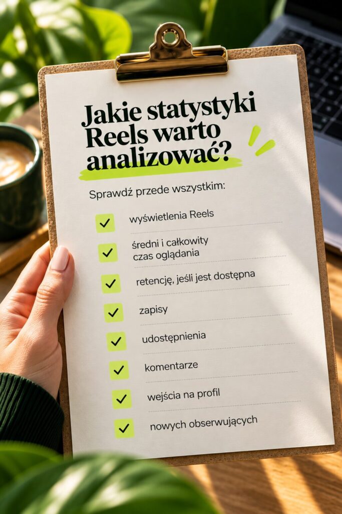 Checklista 8 statystyk Instagram Reels: wyświetlenia, czas oglądania, retencja, zapisy, udostępnienia, komentarze, wejścia na profil i nowi obserwujący.