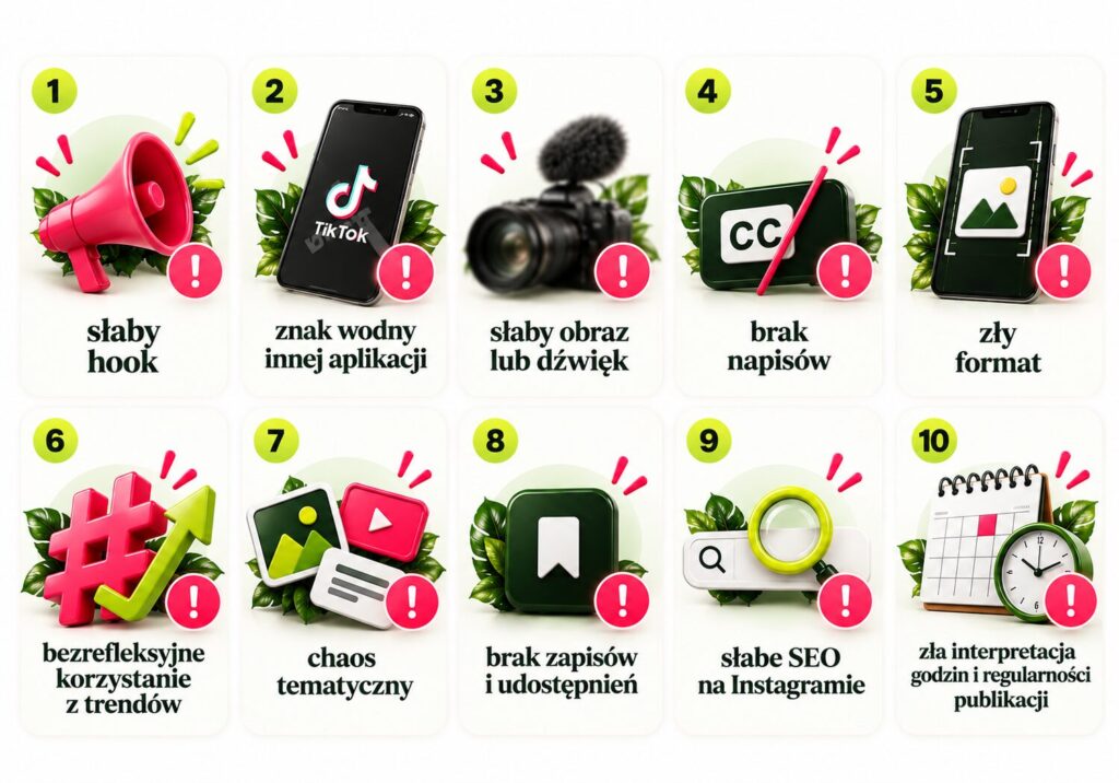 Infografika przedstawiająca 10 błędów ograniczających zasięgi Instagram Reels, m.in. słaby hook, znaki wodne, brak napisów, niską jakość i słabe SEO.